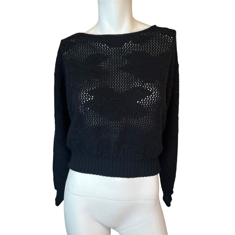 Vintage Jolie Black Open Work Knit Slightly Cropped Sweater sz S/M Made in USA